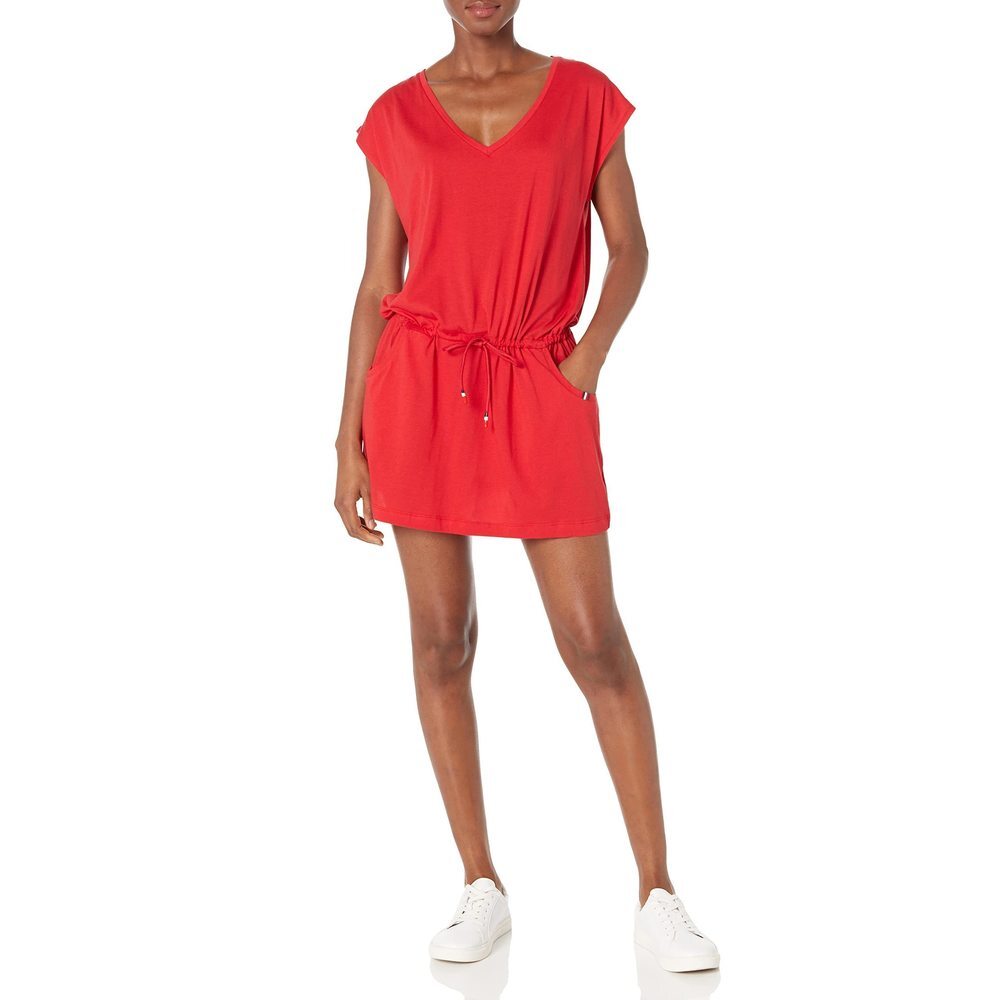 Tommy Hilfiger Short Sleeve Drawstring Romper Swim Coverup Scarlet L/XL